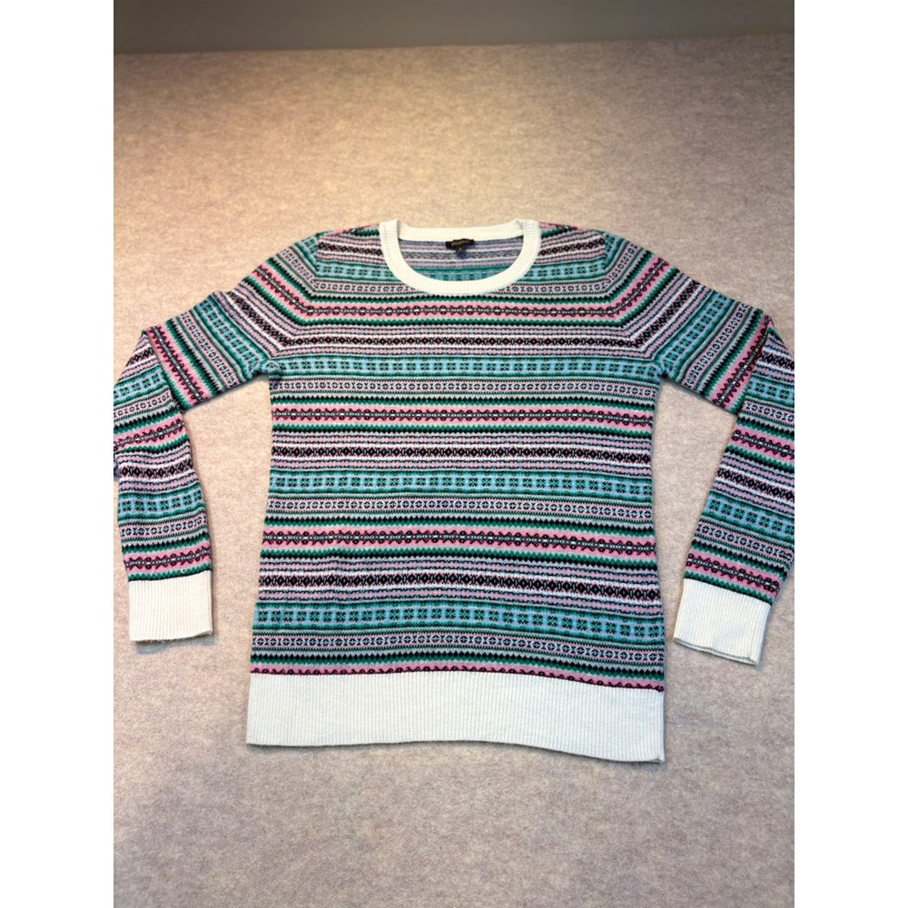 Talbots Womens Small Fair Isle Lambswool Blend Sweater Pink Teal White Striped
